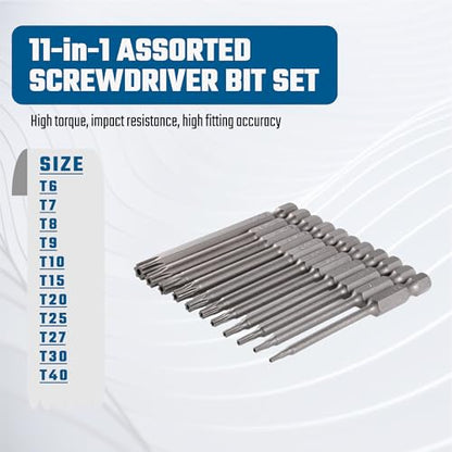 VESTTIO Security Torx Bit Set 11PCS 1/4 Inch Hex Shank 3 Inch/75 mm Length S2 Steel Extended Tamper Proof Star 6 Point with Magnetic for Power Screwdriver Drill Impact Driver - size: T6-T40/3 inch