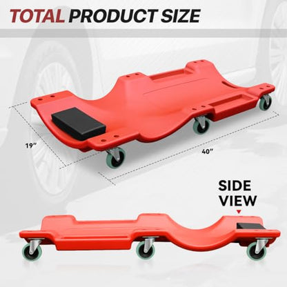 Low Profile 40" Rolling Mechanic Creeper with Padded Headrest and Tool Trays, 300 LBS Capacity, Under Car Roller Creeper with 6 Swivel Casters, Red