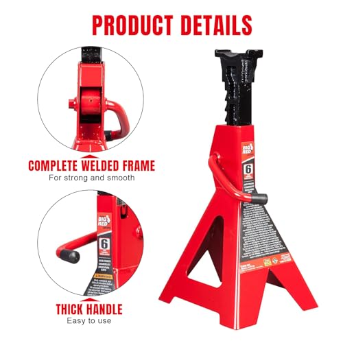 BIG RED T46202 Torin Steel Jack Stands: 6 Ton (12,000 lb) Capacity, Red, 1 Pair - size: 6 Ton, style: Basic Style