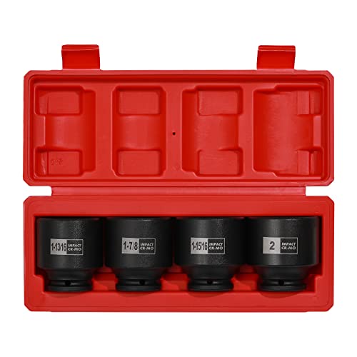 Mayouko 4PCS 1/2" Drive SAE Spindle Axle Nut Impact Socket Set, 1-13/16, 1-7/8, 1-15/16, 2 Inch, 6 Point, CR-MO, Standard - size: 4PCS:1-13/16" - 2"(Standard)