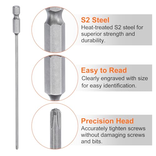 HARFINGTON 5pcs #2 Phillips Screwdriver Bit PH2 1/4" Hex Shank 6" (150mm) Long Magnetic S2 Steel Industrial Grade Screw Driver Bit Cross Head Electric Drill Bits 0.118" (3mm) Rod - size: PH2 x 150mm x 3mm