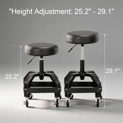 Frassie Rolling Mechanic Stool Garage Seat with Tool Tray, Height Adjustable 25.2"-29.1" Shop Stool with Brake Wheels for Auto Repair Workshop Steel Frame 300LBS Capacity