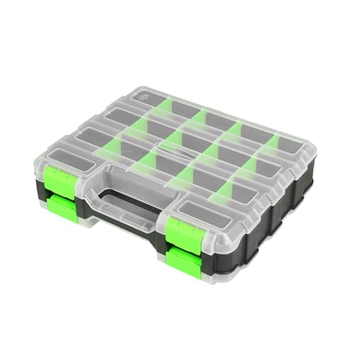 Jack Boss Tool Box with Transparent Lid, Double Side 34-Compartments Organizer Box with Removable Dividers for Hardware, Screws, Bolts, Nails, Beads, Jewelry and Fishing Accessories, Green, 1 Pack - color: Green, size: 1 PACK