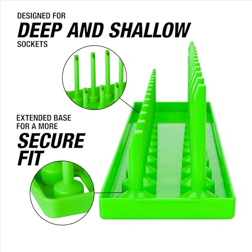 OEMTOOLS 22206 1/2" SAE Socket Tray Organizer, 28 Posts, 14 Sizes, Green Finish | Dual Rail System Socket Holder, Socket Tray with Labeled Posts, Holds 3/8" to 1-1/4", Socket Organizer for Tool Box Drawer - size: 1/2" SAE