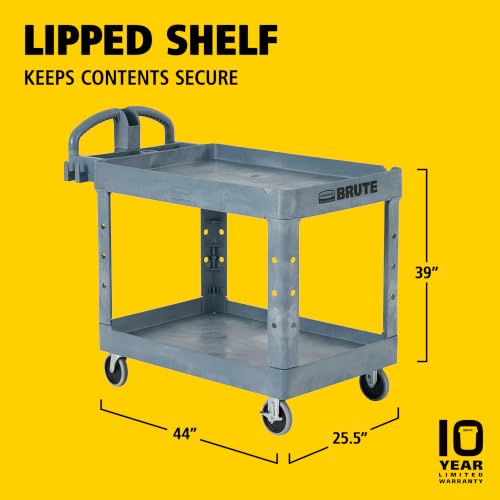 Rubbermaid Commercial Products BRUTE Heavy Duty 2-Shelf Utility/Service Cart, Medium, Lipped Shelves, Ergonomic Handle, 500 lbs. Capacity, Gray, for Warehouse/Garage/Cleaning/Maintenance/Stadiums - color: Gray, size: Medium, style: 2-Shelf
