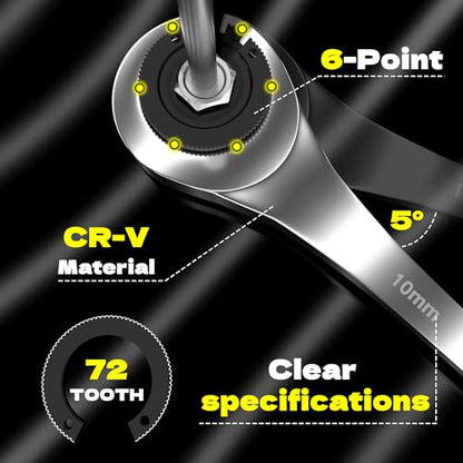 KJE 6PCS Metric 10-17mm Ratcheting Flare Nut Wrench, Brake Line Wrench Set, Ratcheting open end Tubing Wrench Set, 72-Tooth, CR-V, for Nuts on Fuel, Brake or Air Conditioning Lines, Gifts for Men