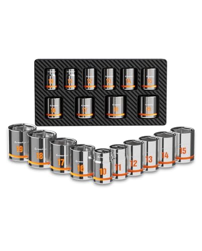 Crosstar 10pcs 3/8" Drive Shallow Socket Set, Low Profile Stubby Socket Set with EVA foam, 6-Point Mechanic Metric Socket Sets in 10mm-19mm for tight space,use with ratchet wrenches