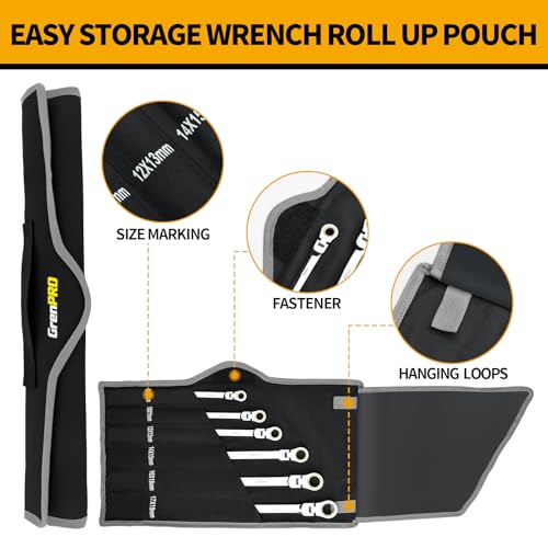 GRENPRO 6PCS Extra Long Ratcheting Wrench Set - 72-Tooth 12-Point 8-19mm, CR-V Steel Metric Double Box End Ratcheting Wrench Set, with Pouch & Size Gauge