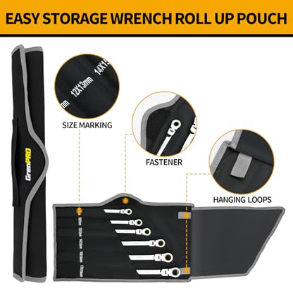 GRENPRO 6PCS Extra Long Ratcheting Wrench Set - 72-Tooth 12-Point 8-19mm, CR-V Steel Metric Double Box End Ratcheting Wrench Set, with Pouch & Size Gauge