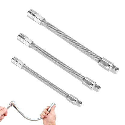3pcs Flexible Shaft Socket Extension Extender Set, 1/4" 3/8" 1/2" Drive Bendable High Torque Chrome Vanadium Iron Extension Connecting Rods for Impact Wrench Automotive Repair & Tight Spaces Access - color: Silvery
