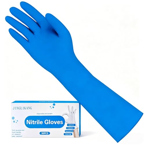 Long Sleeves Durable Disposable Nitrile White Gloves 15inches,Household Cleaning Dishwashing Waterproof 30PCS - color: Blue, size: Medium