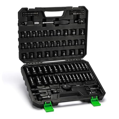 TecoTek 3/8" Drive Impact Socket Set, 109-Piece SAE (5/16"-1") and Metric (6mm-24mm), Deep & Shallow, 6 Point, Adapters, Ratchet Handle, Screwdriver Bit Set, Spark Plug Socket