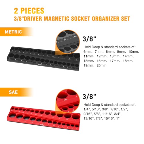 GOOACC 3/8" Magnetic Socket Organizer, 2 Pieces Metric & SAE Socket Drive Holders 3/8 inch Socket Organizer Tray Holds 56 Standard Sockets for Toolboxes - size: 2PCS 3/8" SAE & Metric Red Black