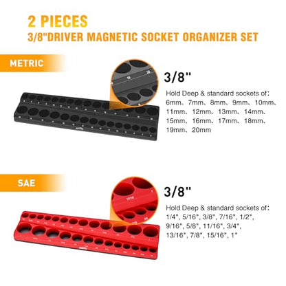 GOOACC 3/8" Magnetic Socket Organizer, 2 Pieces Metric & SAE Socket Drive Holders 3/8 inch Socket Organizer Tray Holds 56 Standard Sockets for Toolboxes - size: 2PCS 3/8" SAE & Metric Red Black