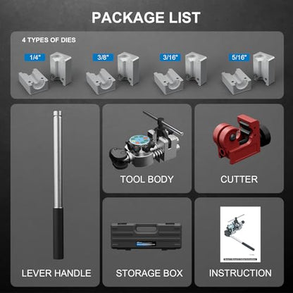 Professional Brake Line Flaring Tool Kit for 45 Degree - Single Bubble & Double Flare Tool, Brake Flare Tool Kit for 3/16", 1/4", 5/16", 3/8" Steel & Copper Tubing - color: Black