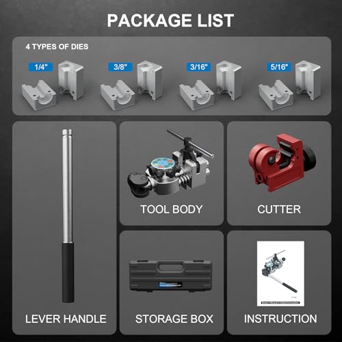 Brake Line Flaring Tool Kit for 45 Degree, Single, Bubble, Double Flare Tool, Brake Flare Tool Kit, for 3/16", 1/4", 5/16", 3/8" Steel & Copper Tubing - Matte Black - color: Matte Black