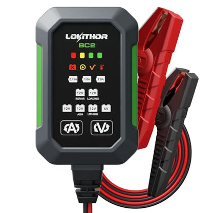 LOKITHOR BC2 Car Battery Charger 2A/1A/750mA Adjustable Currents, 6V/12V Automatic Battery Maintainer, Trickle Charger & Desulfator with Overcharge Protection, Double Pulse Repair, Forced Charging
