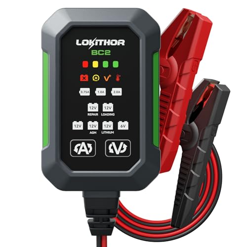 LOKITHOR BC2 Car Battery Charger 2A/1A/750mA Adjustable Currents, 6V/12V Automatic Battery Maintainer, Trickle Charger & Desulfator with Overcharge Protection, Double Pulse Repair, Forced Charging