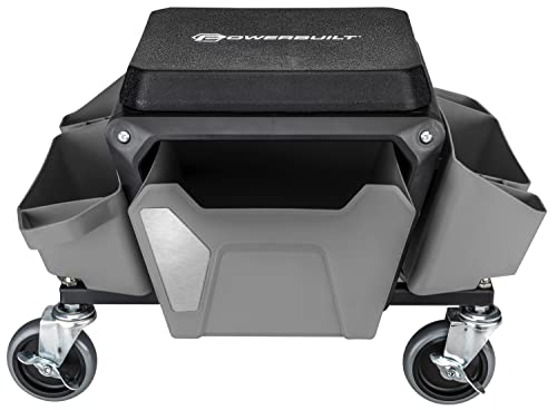 Powerbuilt Rolling Work Seat Brake Stool with 4-inch Rubber Lockable Wheels, Big Seating Platform, Tool Trays and Drawer 330 lb. Capacity, Mechanics, Gardening, Garage - 941881ECE, Grey - style: Grey with Foam Seat Cushion