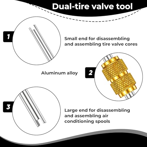 Car Tire Repair Tools Tire-Valve Core Remover Valve Stem Removal Tool Kit with 4-Way Valve Tool, 10 Pcs Valves Stem Caps, 20 Pcs Valves Cores for Cars Trucks Motorcycles Bicyclescs