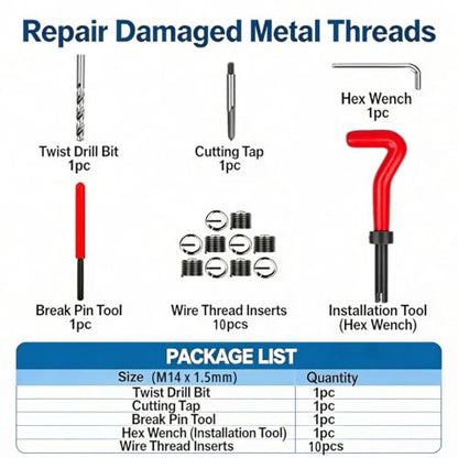 M14 X 1.5 Thread Repair Kit, Metric Helicoil Kit with HSS Drill Bit, 10PC Wire Thread Inserts - size: M14 x 1.5mm