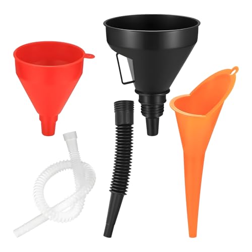 3PCS Automotive Funnels Set, Wide Mouth Fuel Funnels with Detachable Spout and Filter, Plastic Long Neck Oil Funnel Flexible Right Angle Funnel for Gasoline Coolant Water