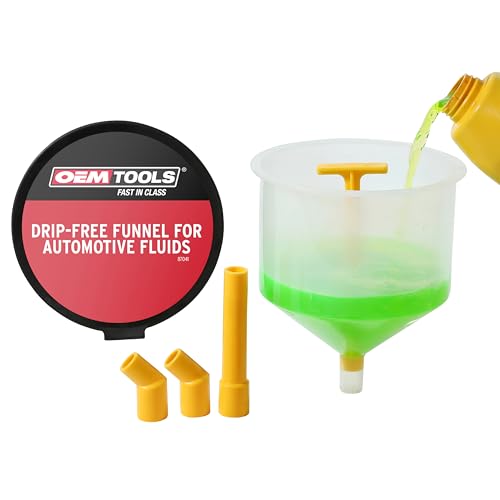 OEMTOOLS 87041 Drip Free Funnel for Automotive Fluids, 6 Piece Spill Proof Funnel Kit for Coolant, Oil and More, with Stopper, 45 Degree Elbows, 5 Inch Extension, White