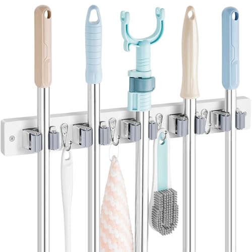 OUTNILI Mop and Broom Holder Wall Mount - White Broom Mop Hanger - Wall Mounted Garden Tool Rack Organizer for Closet Garage Laundry Room Kitchen Decor With 5 Slots & 4 Hooks - color: White-5 Grips, size: 1 Pack