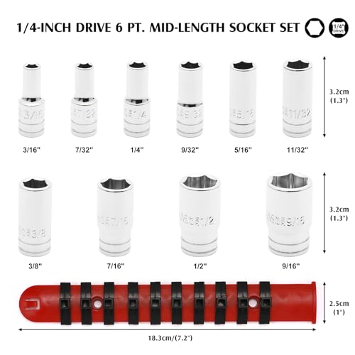 MIXPOWER 1/4" Drive Mid-Length Socket Set with Storage Rails, 10-Piece, 6 Point, 3/16"-9/16", CR-V, SAE, Semi-Deep Socket Set - size: 1/4" Dr. Mid-Length, 4.76-14.29mm
