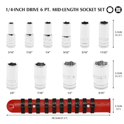 MIXPOWER 1/4" Drive Mid-Length Socket Set with Storage Rails, 10-Piece, 6 Point, 3/16"-9/16", CR-V, SAE, Semi-Deep Socket Set - size: 1/4" Dr. Mid-Length, 4.76-14.29mm