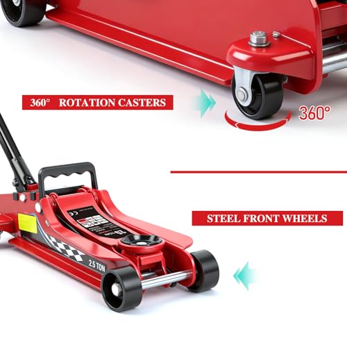 LARBANKE 2.5 Ton Floor Jack, 5500 lbs Capacity Low Profile Floor Jack, with 2 Rubber Pads, Lifting Range 3.35" to 14.96", for Sedans, Pickups, MPVs, Red