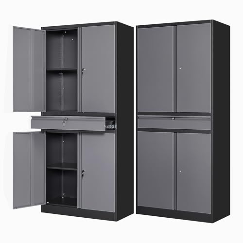 Letaya Metal Garage Storage Cabinet with Drawer,4 Door Tool Cabinet with Lock-2 Adjustable Shelves for Garage Home Office Utility Room (Black & Gray) - color: Black Grey, size: 1 Drawer-No Wheels