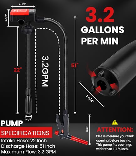 3.2GPM Battery Powered USB Charging Fuel Transfer Pump with Hand Shut Off Nozzle, 51" Long Hose, 4 Adapters, Portable Gas Pump Ideal For Gasoline, Diesel, Kerosene Transfer - color: 3.2 GPM With Hand Nozzle