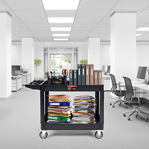 VEVOR Utility Service Cart 2 Shelf 550 lbs Heavy Duty Plastic Rolling Cart | Heavy Duty Utility Cart with 360° Swivel Wheels, Large Lipped Shelf, Ergonomic Storage Handle for Warehouse/Garage/Cleaning - size: 25.59"D x 45.67"W x 33.46"H