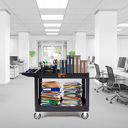VEVOR Utility Service Cart 2 Shelf 550 lbs Heavy Duty Plastic Rolling Cart | Heavy Duty Utility Cart with 360° Swivel Wheels, Large Lipped Shelf, Ergonomic Storage Handle for Warehouse/Garage/Cleaning - size: 25.59"D x 45.67"W x 33.46"H