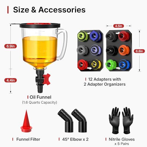 19-Piece Spill Proof Oil Funnel Kit For Automotive Use w/ 12 Adapter, 1.6QT | LOYAMAT Oil Funnel w/ 12 Adapters, 2 Magnetic Trays, 45° Elbows, Filter & Gloves Transparent Body w/Scale & Shut-Off Valve