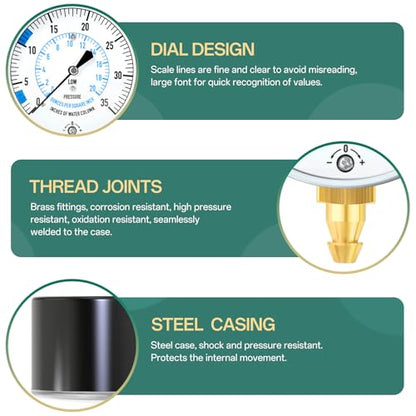 0-35" Natural Gas or LP Gas Manifold Pressure Test Kit, 1/8" NPT Fitting, 40" Feet Hose, Hex Bushing and Barbed Connection, for Kitchen and Industrial Equipment - size: 0-35" W.C