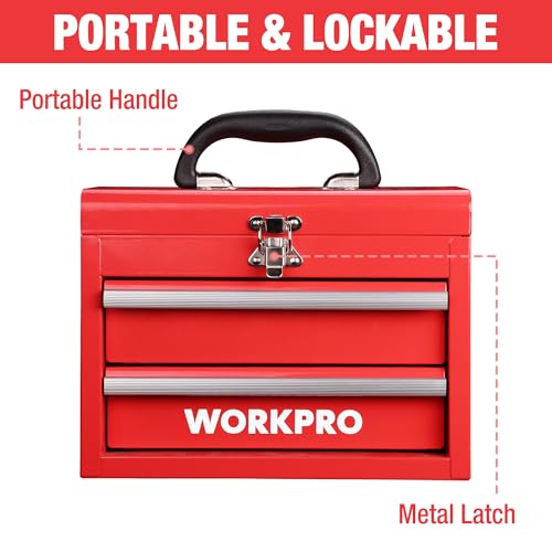 WORKPRO Portable Mini Tool Box, 2 Drawers Metal Tool Chest with Ball Bearing Slides, Top Storage with Latch, Ergonomic Carrying Handle, Mechanic Toolbox with PVC Liners and PP Feet Pads - color: Red