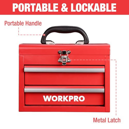 WORKPRO Portable Mini Tool Box, 2 Drawers Metal Tool Chest with Ball Bearing Slides, Top Storage with Latch, Ergonomic Carrying Handle, Mechanic Toolbox with PVC Liners and PP Feet Pads - color: Red