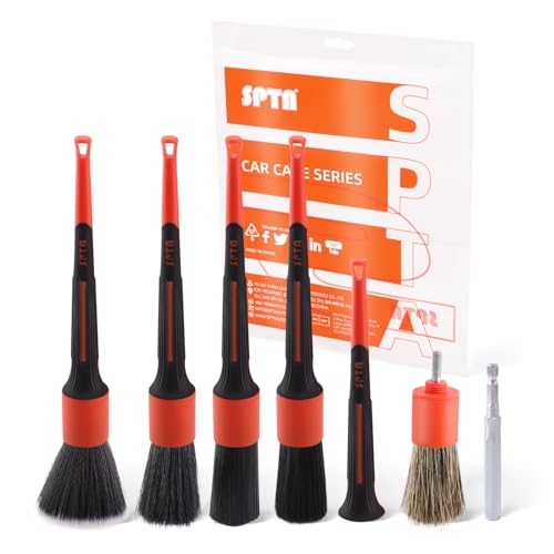 SPTA Car Detailing Brush Set, 5 Pack V2.0 Soft Boar Hair Auto Detail Brush Kit with Drill Adapter, for Automotive Interior Exterior Dashboard Engine Bay Seat Leather, Can be Used in Electric Drills - color: 5pcs Car Detailing Brush Set With Adapter