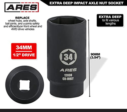 ARES 12038 34MM Axle Nut Socket, 6 Point Socket | Extra Deep 1/2-Inch Drive Impact Socket for Easy Removal of Axle Shaft Nuts - size: 34mm 6-Point