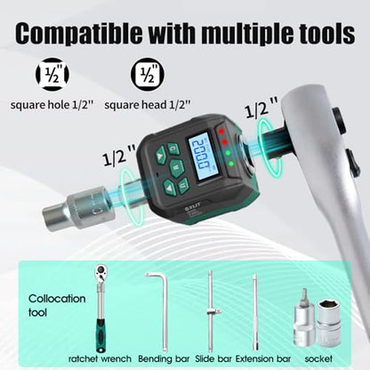 1/2" Digital Torque Wrench Adapter 4.4-147.5 ft-lb (6-200 Nm) | ±2% Accuracy, with 1/4"&3/8" Adapters, Buzzer & LED Alerts, Working with Ratchet Wrench, Breaker Bar