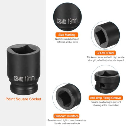 HARFINGTON 2pcs 4 Point Square Socket 1/2" Drive 19mm Metric Square Impact Socket CR-MO Blackening Standard Wheel Sockets Pneumatic Socket Tool for Auto Repair Mechanical Maintenance Home Use - size: 19mm