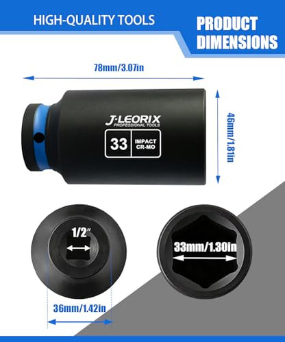 33mm Deep Impact Socket 1/2" Drive CR-MO Steel 6-Point | CR-MO steel impact socket set. 1/2" drive, 6-point design. Deep reach for lug nuts & axle nuts. - size: 33mm
