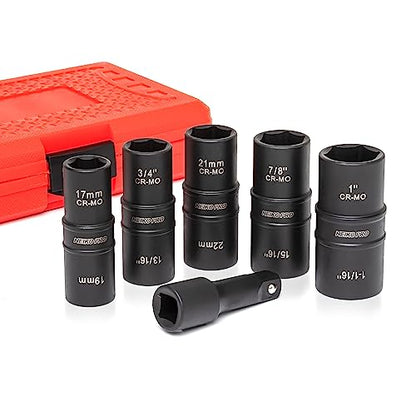 NEIKO 02287B 6-Pc 1/2-Inch-Drive Impact Socket Set, 10 SAE & Metric Sizes, Thin Wall Wheel Lug Nut Socket Set, Cr-Mo, 3-Inch Extension Bar, 6-Point, 19 & 21mm Sockets - size: 6 Piece, style: Flip Socket