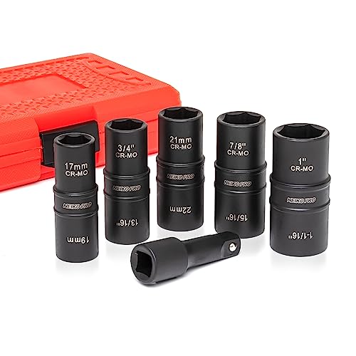 NEIKO 02287B 6-Pc 1/2-Inch-Drive Impact Socket Set, 10 SAE & Metric Sizes, Thin Wall Wheel Lug Nut Socket Set, Cr-Mo, 3-Inch Extension Bar, 6-Point, 19 & 21mm Sockets - size: 6 Piece, style: Flip Socket