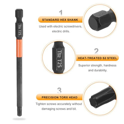 HARFINGTON 3pcs T25 Torx Head Screwdriver Bit 4" (100mm) Long 1/4" Hex Shank Magnetic No Hole Tamper Proof 6 Point Star Screw Driver Drill Bits Phosphate S2 Steel Industrial Power Tools - size: T25 x 100mm