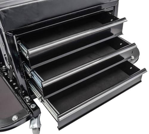 JEGS 3-Drawer Mechanics Roller Seat Tool Box | Black With JEGS Logo | Two Folding Tool Trays With Magnetic Pads | Vinyl Padded Seat Cushion | Rear Tray For Screwdrivers And Pliers | Load Limit 350 LBS