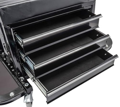 JEGS 3-Drawer Mechanics Roller Seat Tool Box | Black With JEGS Logo | Two Folding Tool Trays With Magnetic Pads | Vinyl Padded Seat Cushion | Rear Tray For Screwdrivers And Pliers | Load Limit 350 LBS