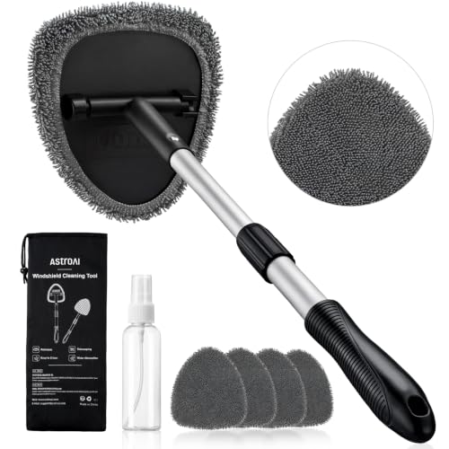 AstroAI 21" Extra-Long Windshield Cleaner Tool, Car Interior Detailing Cleaning Kit with Extendable Handle and 4 Upgraded Reusable Microfiber Pads, Auto Glass Wiper Brush Kit for Cars, Gray - color: Gray, size: 21 in